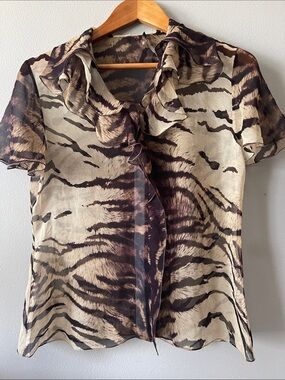 SILK Elie Tahari animal Tiger-Print Ruffle Blouse flutter sleeves